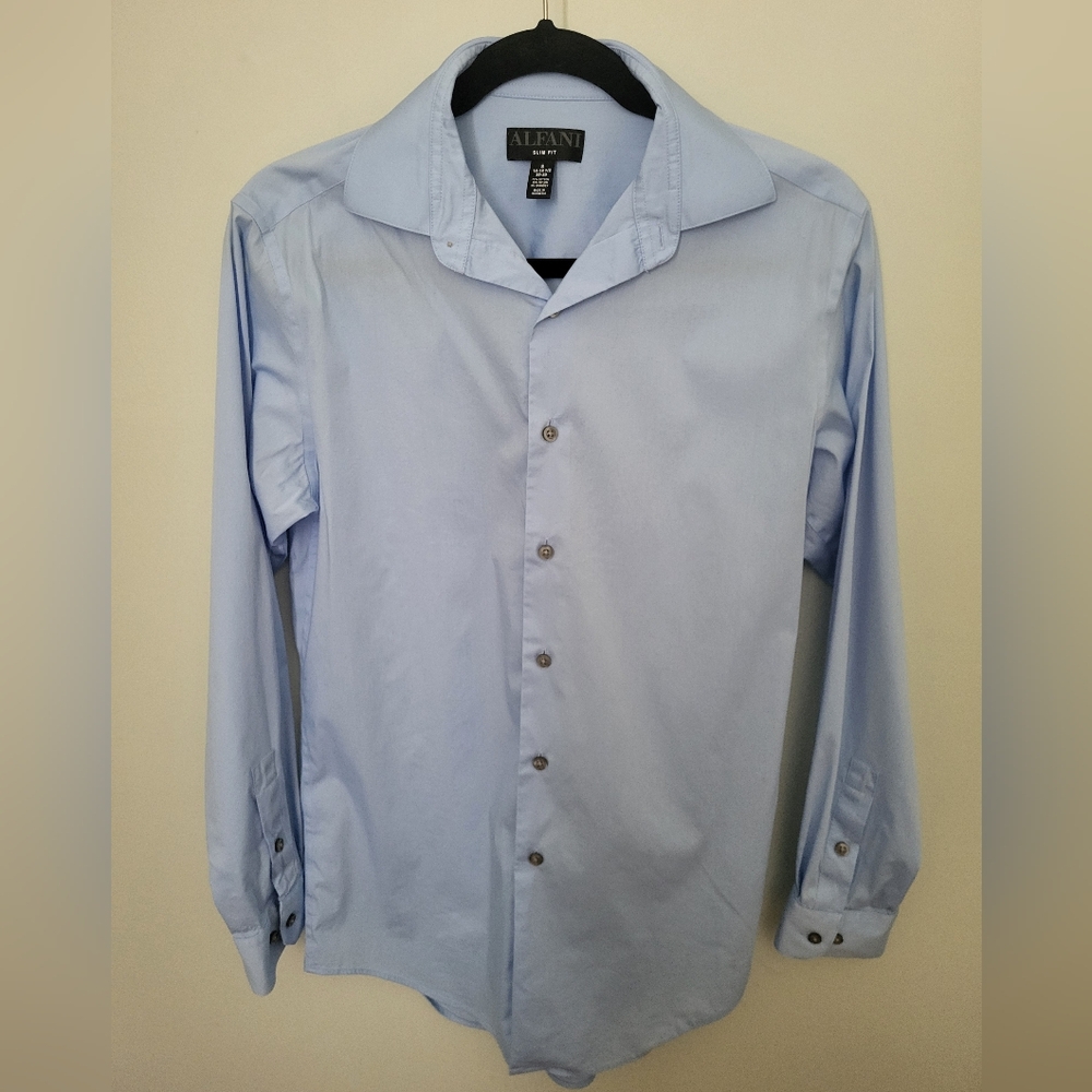 Alfani Men Slim Fit Dress Button Down Shirt Small 14 -‎ 14 1/2 32 - 33 Blue Long
